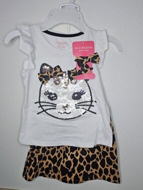 Isaac Mizrahi Girls White Sequin Cat Tank Top with Leopard Bow
